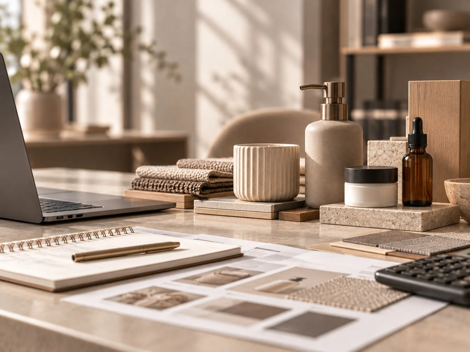 A buying desk in daylight: an open laptop, a notebook, printed product sheets, material swatches and a group of unbranded product samples.