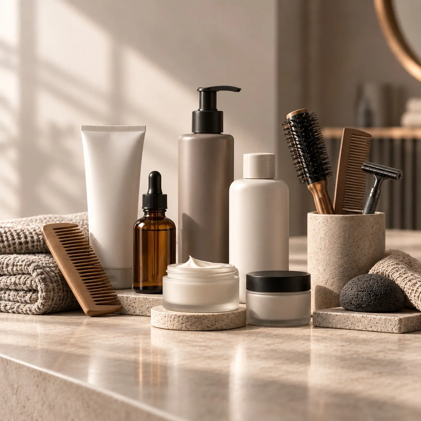 Unbranded skincare and grooming products on a stone counter: a tube, a dropper bottle, pump bottles, open cream jars, a wooden comb, a round brush, a razor and folded towels.