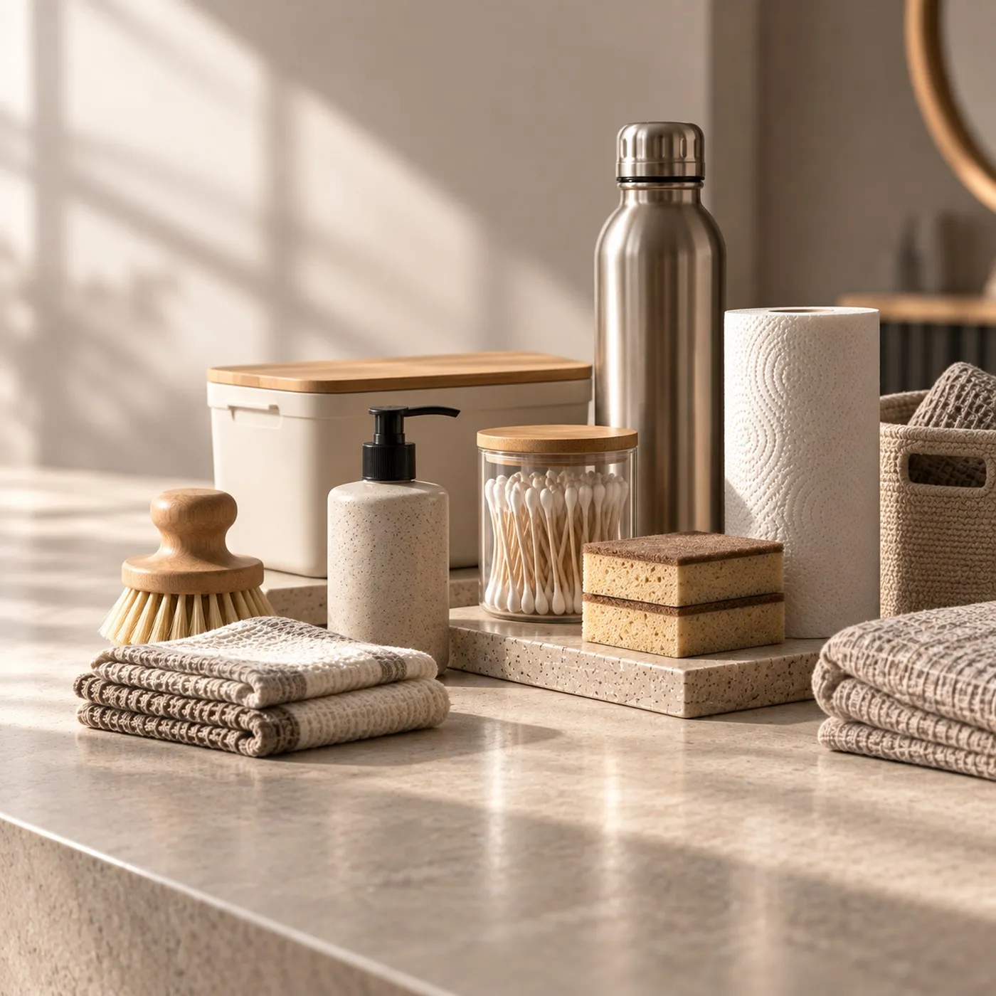 Everyday household essentials on a stone counter: a washing-up brush, folded cloths, a soap dispenser, a jar of cotton buds, sponges, a kitchen roll, a steel flask and a storage box.