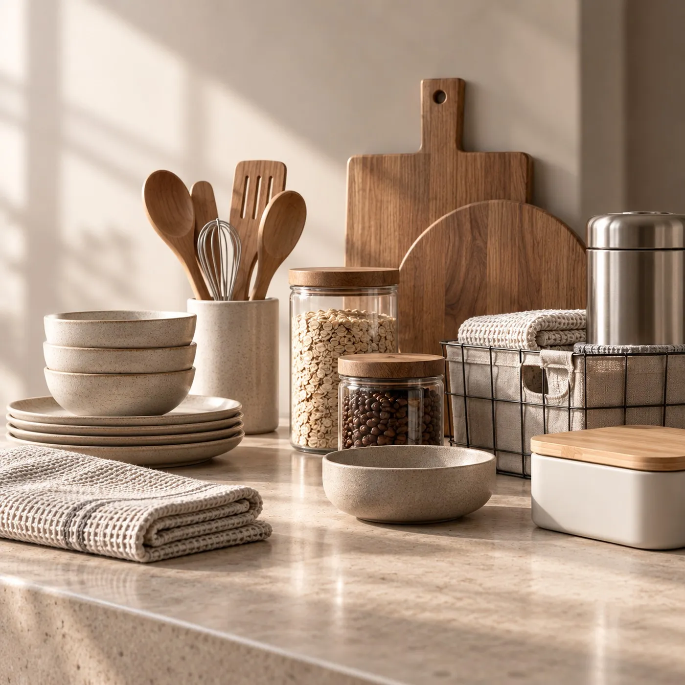 Stacked stoneware bowls and plates, wooden utensils, chopping boards, glass storage jars, a steel flask and a folded tea towel on a light stone counter.