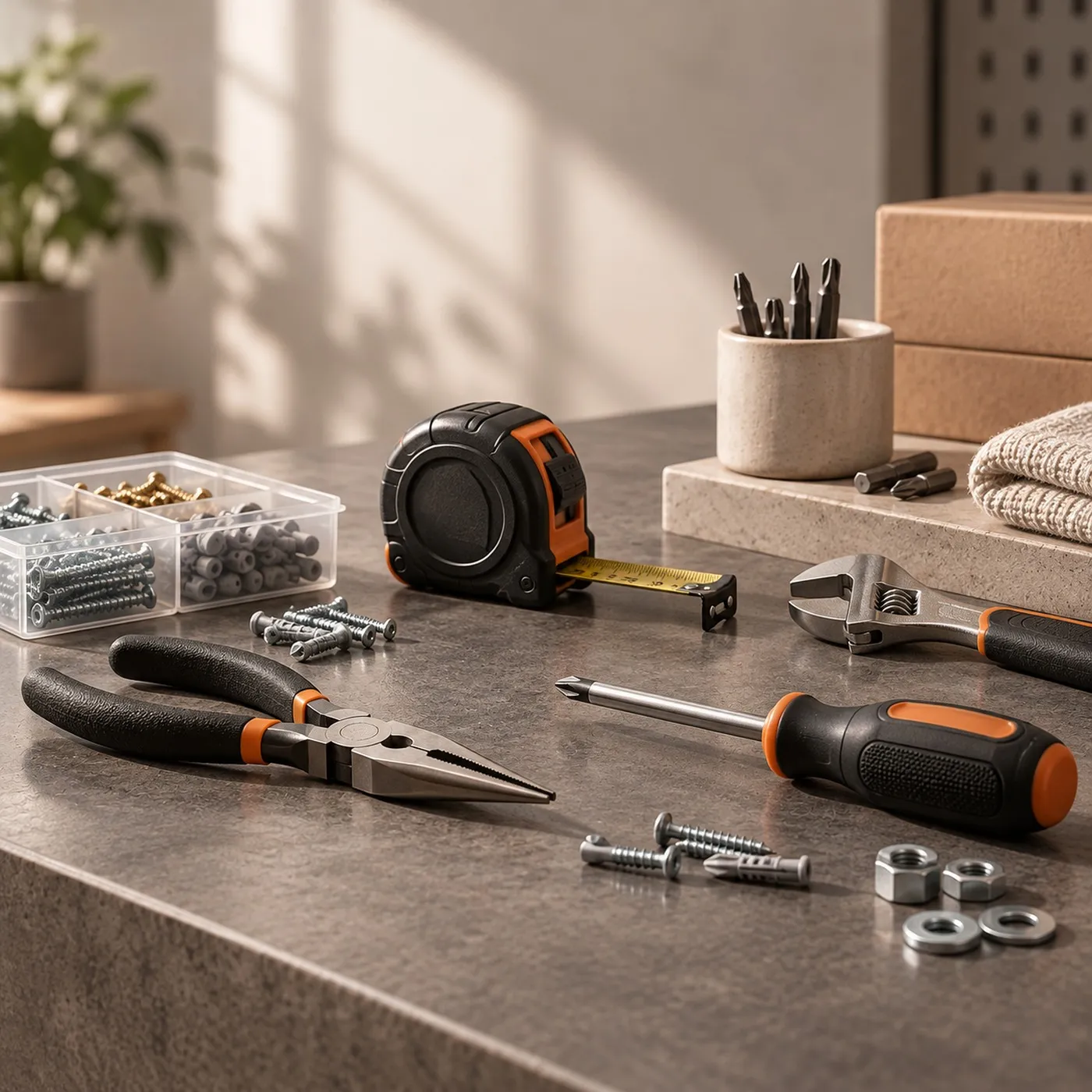 Long-nose pliers, a screwdriver, an adjustable spanner, a tape measure, screwdriver bits, screws and wall plugs laid out on a grey worktop.