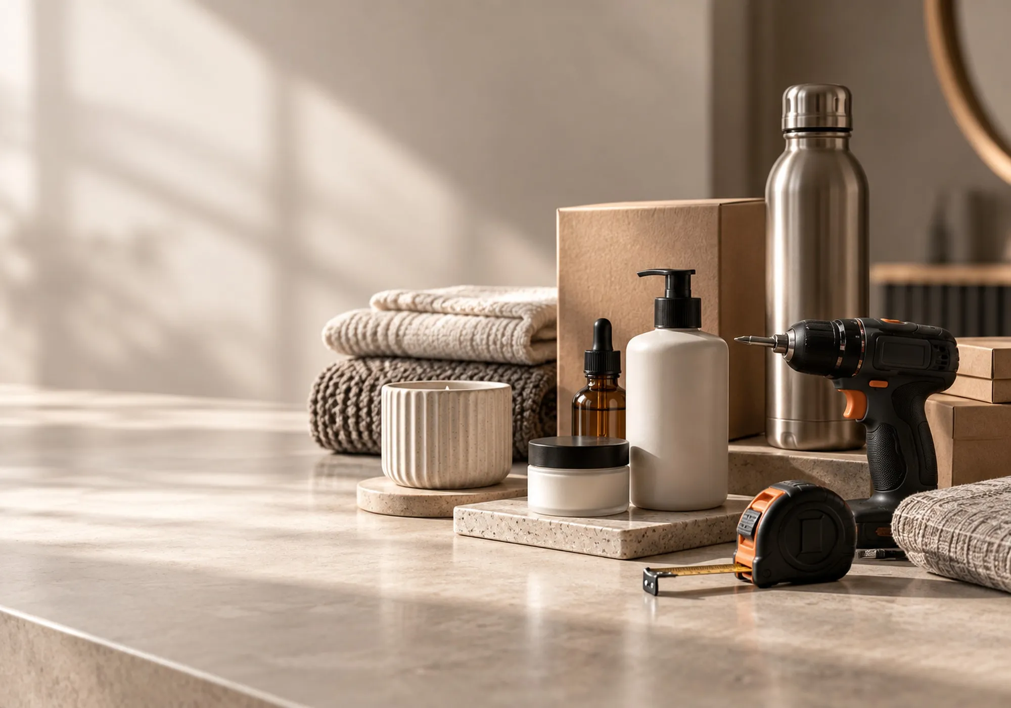 Skincare bottles, folded towels, a candle, a steel flask, a cordless drill, a tape measure and plain kraft cartons grouped together on a pale stone counter.