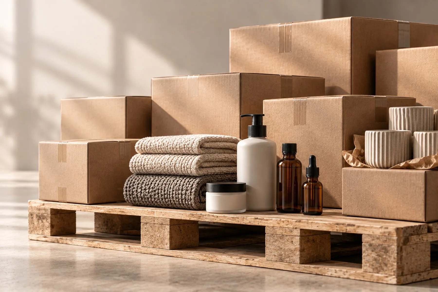 A wooden pallet holding folded towels, unbranded bottles and jars and stacked ceramics, with plain kraft cartons behind it.